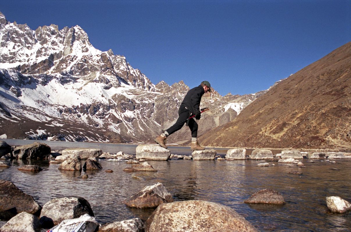 Gokyo Ri 01-2 Jerome Ryan Crossing Rocks From Gokyo To Start Climb To Gokyo Ri